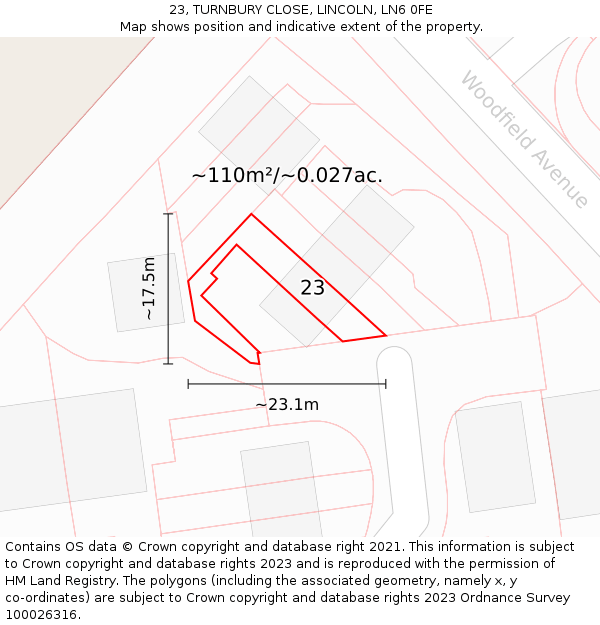 23, TURNBURY CLOSE, LINCOLN, LN6 0FE: Plot and title map