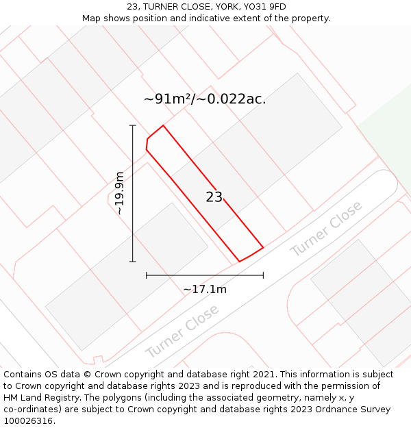 23, TURNER CLOSE, YORK, YO31 9FD: Plot and title map