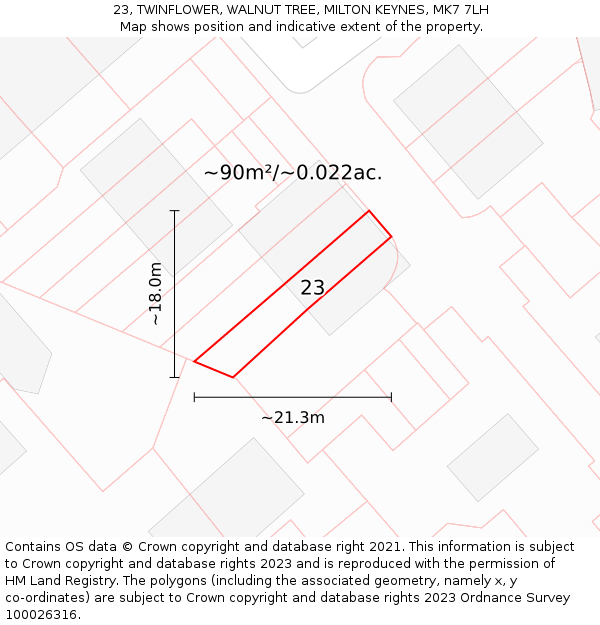 23, TWINFLOWER, WALNUT TREE, MILTON KEYNES, MK7 7LH: Plot and title map