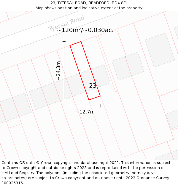 23, TYERSAL ROAD, BRADFORD, BD4 8EL: Plot and title map