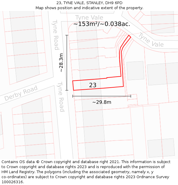 23, TYNE VALE, STANLEY, DH9 6PD: Plot and title map