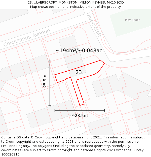 23, ULVERSCROFT, MONKSTON, MILTON KEYNES, MK10 9DD: Plot and title map