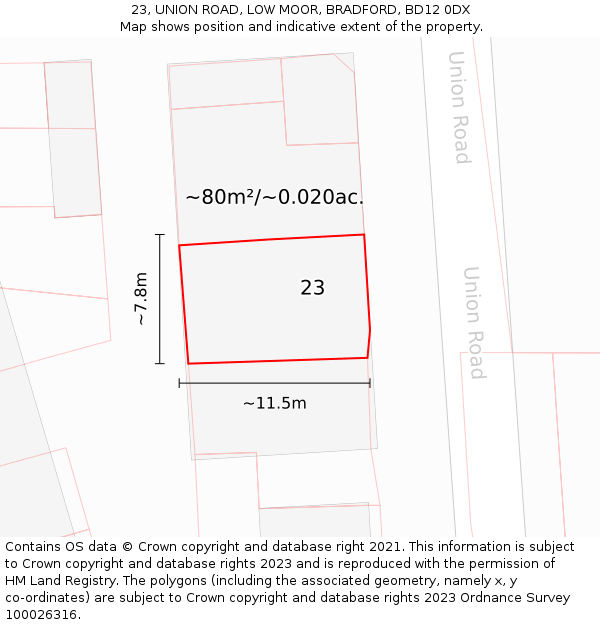 23, UNION ROAD, LOW MOOR, BRADFORD, BD12 0DX: Plot and title map