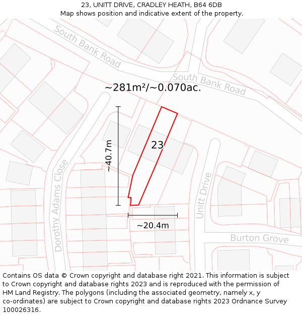 23, UNITT DRIVE, CRADLEY HEATH, B64 6DB: Plot and title map