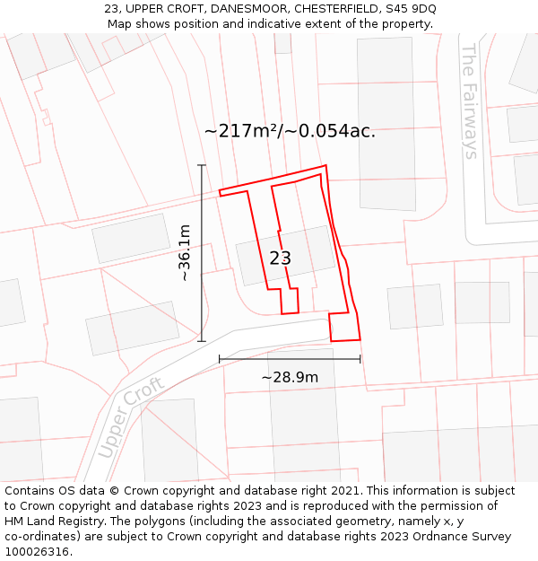 23, UPPER CROFT, DANESMOOR, CHESTERFIELD, S45 9DQ: Plot and title map