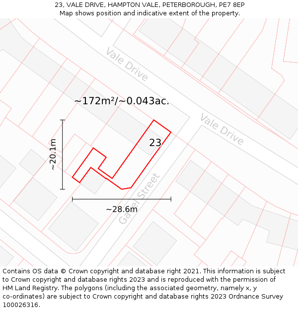 23, VALE DRIVE, HAMPTON VALE, PETERBOROUGH, PE7 8EP: Plot and title map