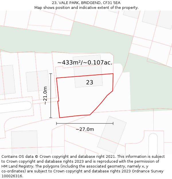 23, VALE PARK, BRIDGEND, CF31 5EA: Plot and title map