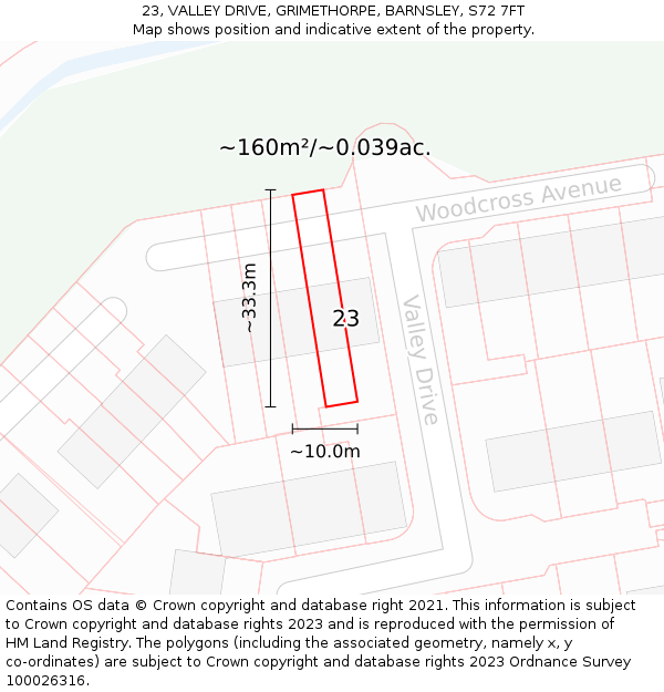 23, VALLEY DRIVE, GRIMETHORPE, BARNSLEY, S72 7FT: Plot and title map