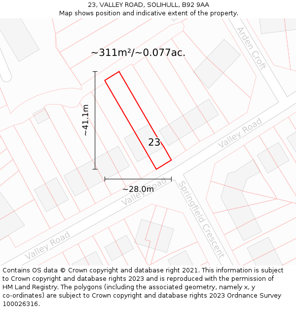23, VALLEY ROAD, SOLIHULL, B92 9AA: Plot and title map