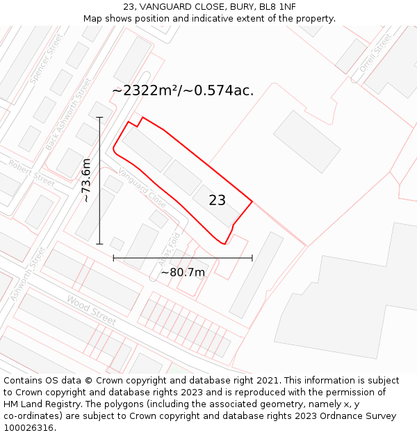 23, VANGUARD CLOSE, BURY, BL8 1NF: Plot and title map