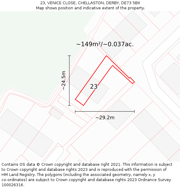 23, VENICE CLOSE, CHELLASTON, DERBY, DE73 5BX: Plot and title map