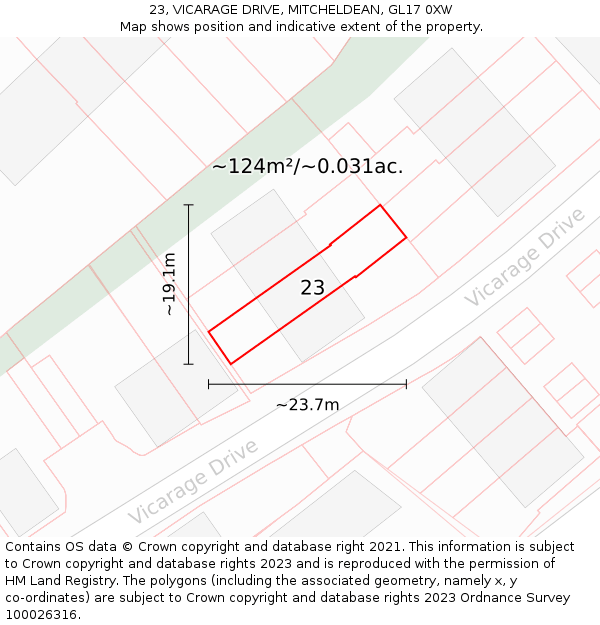 23, VICARAGE DRIVE, MITCHELDEAN, GL17 0XW: Plot and title map