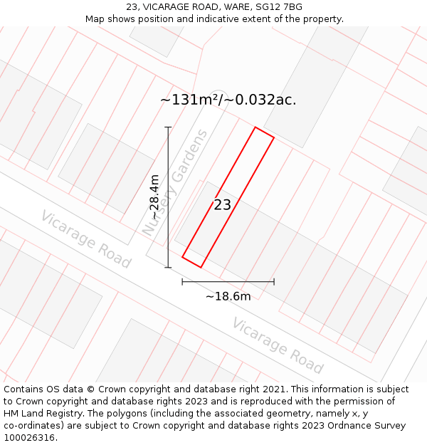 23, VICARAGE ROAD, WARE, SG12 7BG: Plot and title map