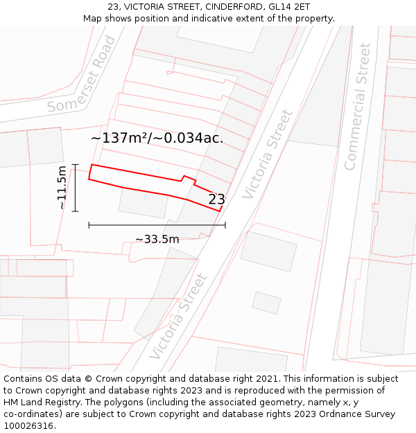 23, VICTORIA STREET, CINDERFORD, GL14 2ET: Plot and title map