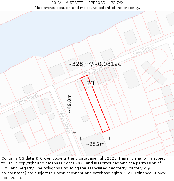 23, VILLA STREET, HEREFORD, HR2 7AY: Plot and title map
