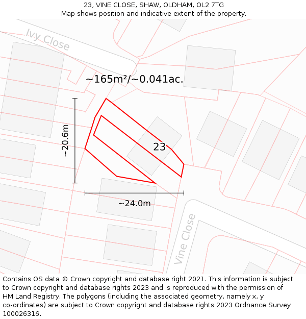23, VINE CLOSE, SHAW, OLDHAM, OL2 7TG: Plot and title map