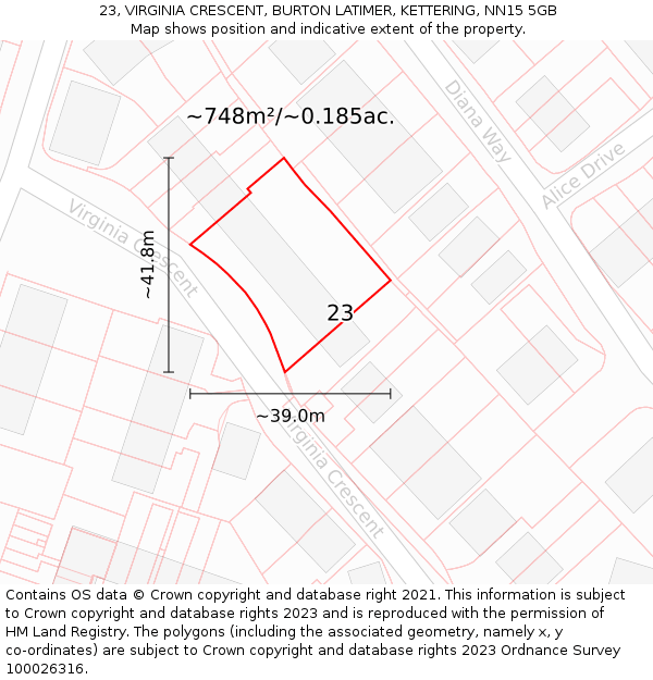 23, VIRGINIA CRESCENT, BURTON LATIMER, KETTERING, NN15 5GB: Plot and title map