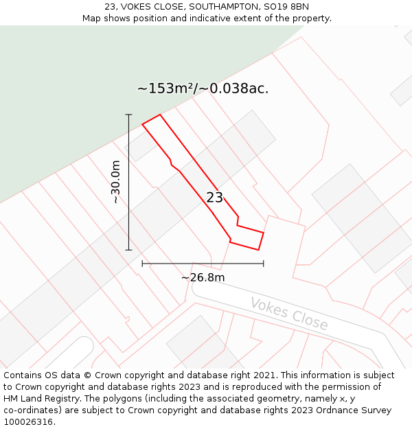 23, VOKES CLOSE, SOUTHAMPTON, SO19 8BN: Plot and title map