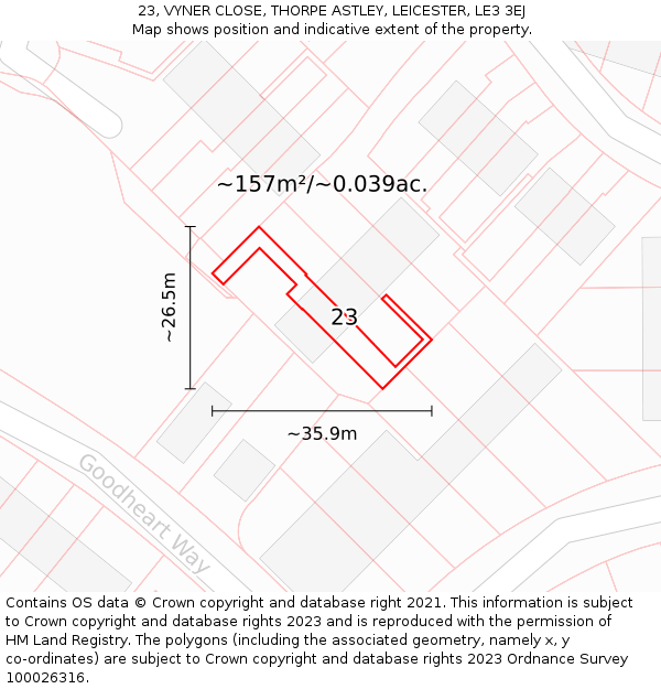 23, VYNER CLOSE, THORPE ASTLEY, LEICESTER, LE3 3EJ: Plot and title map