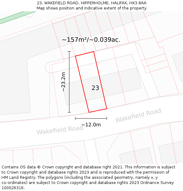 23, WAKEFIELD ROAD, HIPPERHOLME, HALIFAX, HX3 8AA: Plot and title map