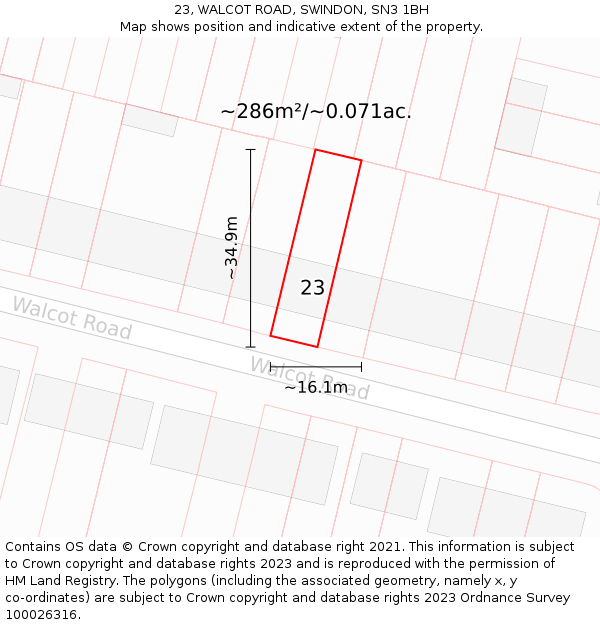 23, WALCOT ROAD, SWINDON, SN3 1BH: Plot and title map