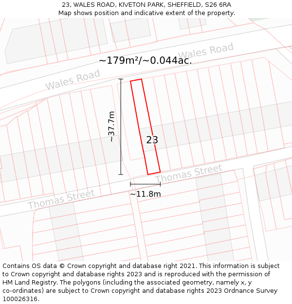 23, WALES ROAD, KIVETON PARK, SHEFFIELD, S26 6RA: Plot and title map