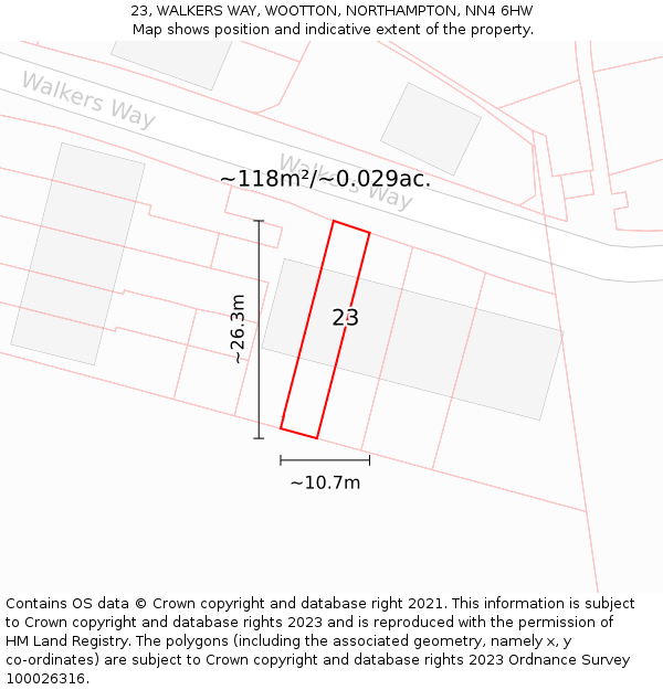 23, WALKERS WAY, WOOTTON, NORTHAMPTON, NN4 6HW: Plot and title map