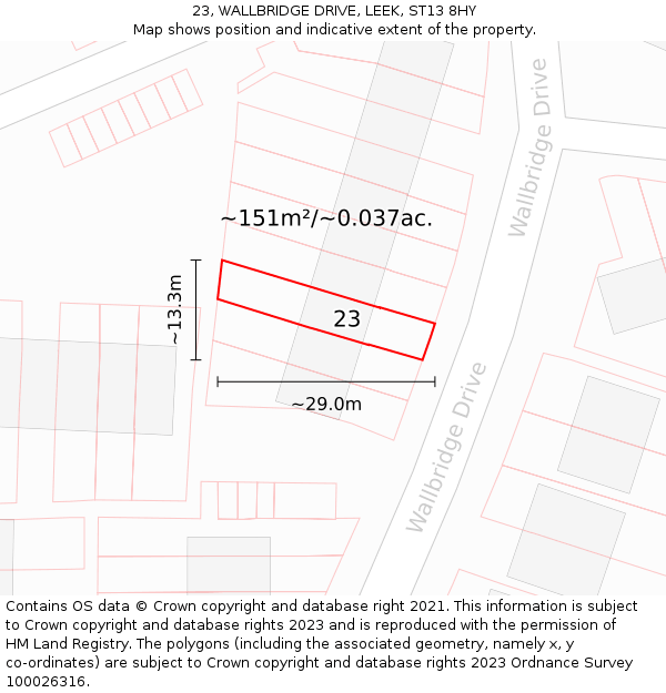 23, WALLBRIDGE DRIVE, LEEK, ST13 8HY: Plot and title map