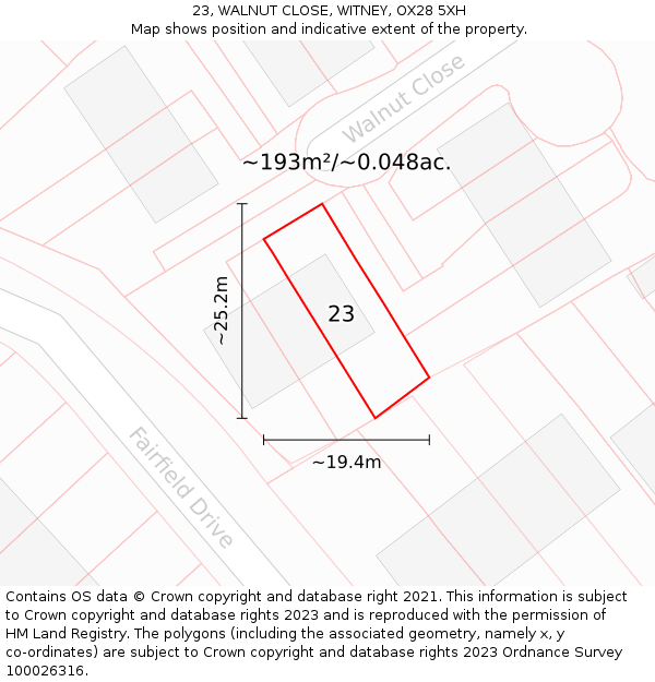 23, WALNUT CLOSE, WITNEY, OX28 5XH: Plot and title map
