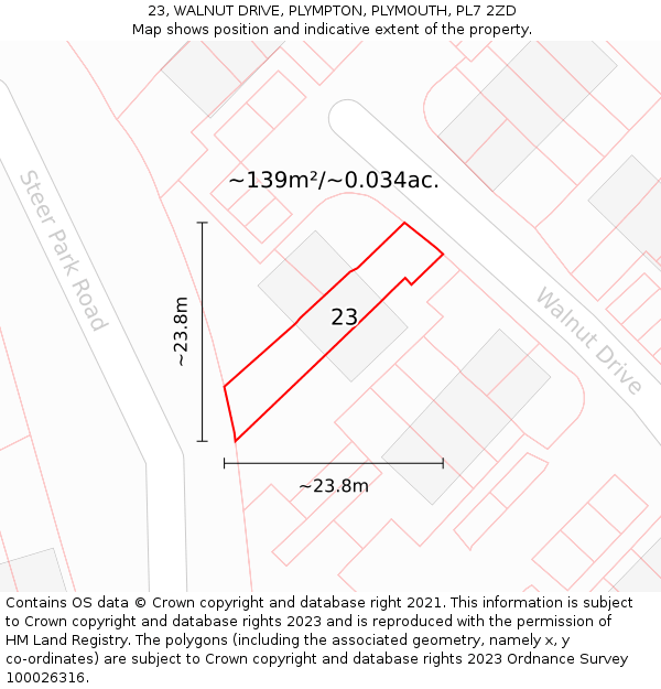 23, WALNUT DRIVE, PLYMPTON, PLYMOUTH, PL7 2ZD: Plot and title map