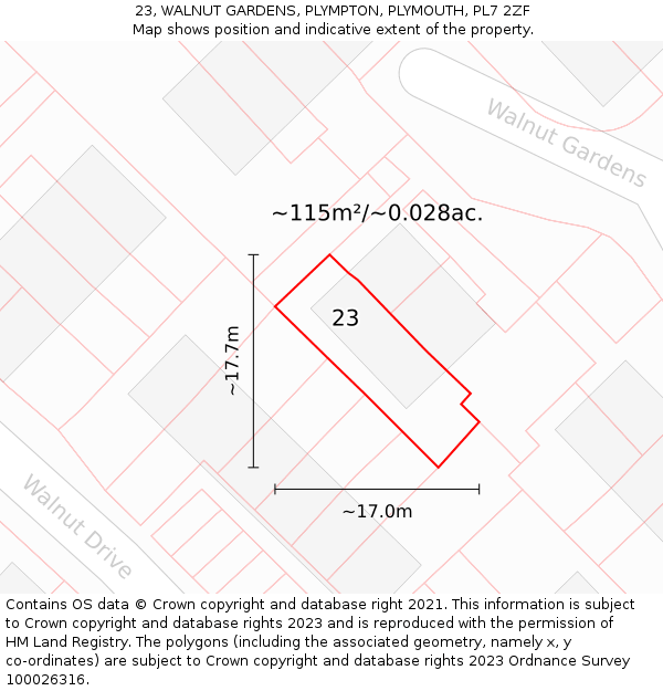 23, WALNUT GARDENS, PLYMPTON, PLYMOUTH, PL7 2ZF: Plot and title map