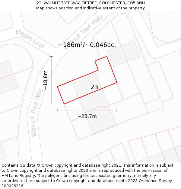 23, WALNUT TREE WAY, TIPTREE, COLCHESTER, CO5 0NH: Plot and title map