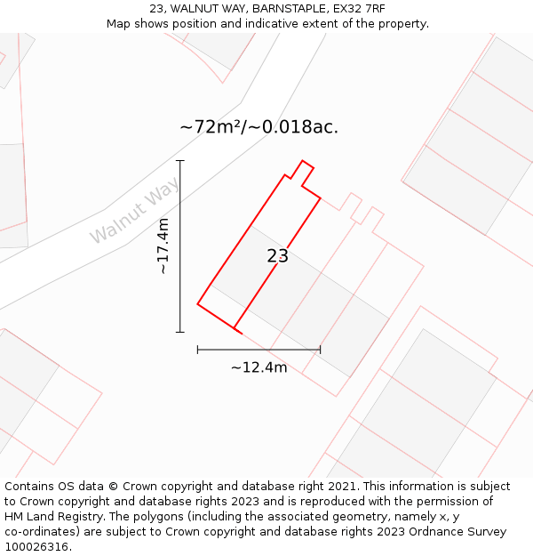23, WALNUT WAY, BARNSTAPLE, EX32 7RF: Plot and title map