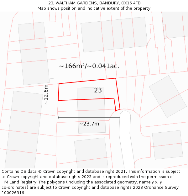 23, WALTHAM GARDENS, BANBURY, OX16 4FB: Plot and title map