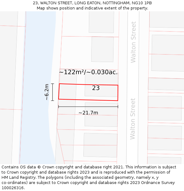 23, WALTON STREET, LONG EATON, NOTTINGHAM, NG10 1PB: Plot and title map