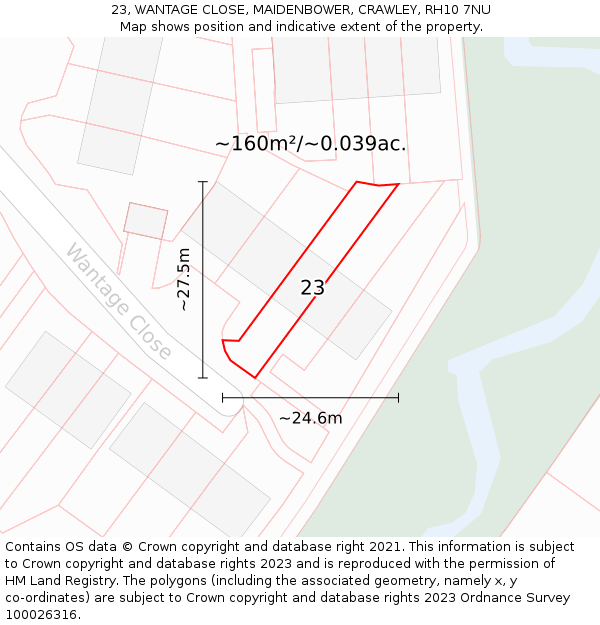23, WANTAGE CLOSE, MAIDENBOWER, CRAWLEY, RH10 7NU: Plot and title map