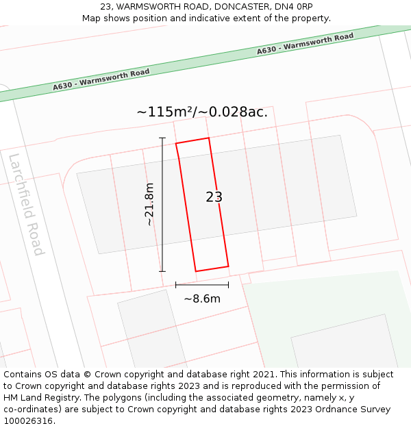 23, WARMSWORTH ROAD, DONCASTER, DN4 0RP: Plot and title map