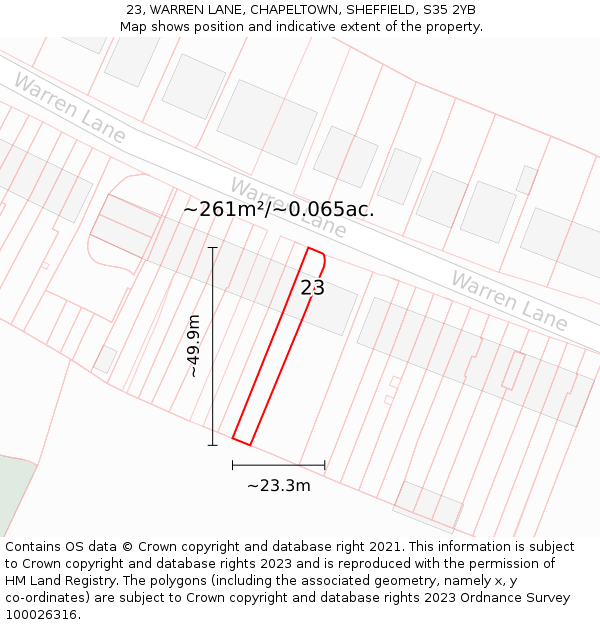 23, WARREN LANE, CHAPELTOWN, SHEFFIELD, S35 2YB: Plot and title map
