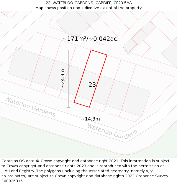 23, WATERLOO GARDENS, CARDIFF, CF23 5AA: Plot and title map