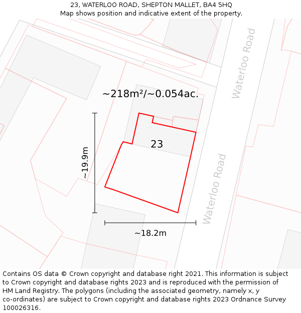 23, WATERLOO ROAD, SHEPTON MALLET, BA4 5HQ: Plot and title map