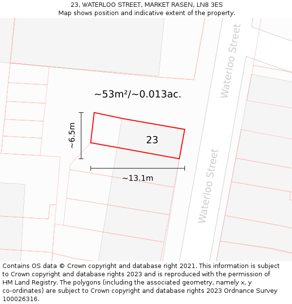 23, WATERLOO STREET, MARKET RASEN, LN8 3ES: Plot and title map