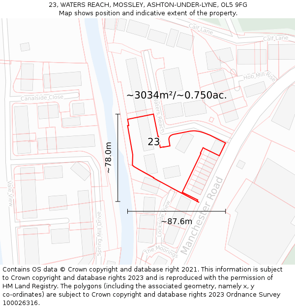 23, WATERS REACH, MOSSLEY, ASHTON-UNDER-LYNE, OL5 9FG: Plot and title map