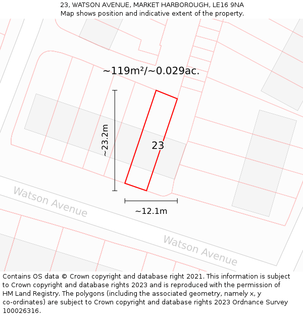 23, WATSON AVENUE, MARKET HARBOROUGH, LE16 9NA: Plot and title map
