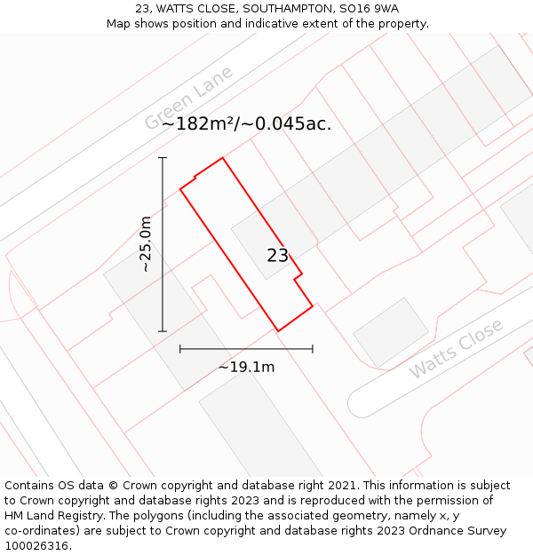 23, WATTS CLOSE, SOUTHAMPTON, SO16 9WA: Plot and title map
