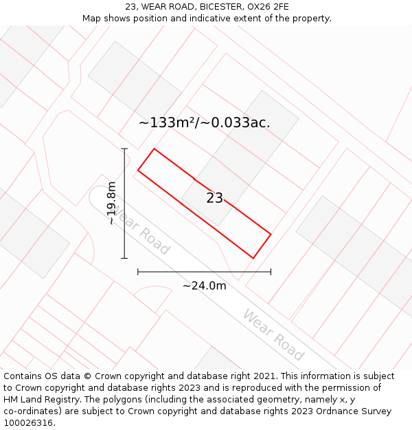 23, WEAR ROAD, BICESTER, OX26 2FE: Plot and title map