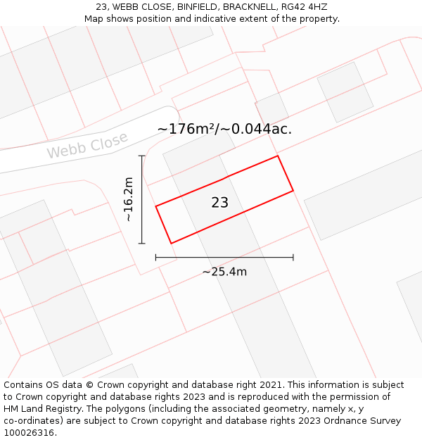 23, WEBB CLOSE, BINFIELD, BRACKNELL, RG42 4HZ: Plot and title map