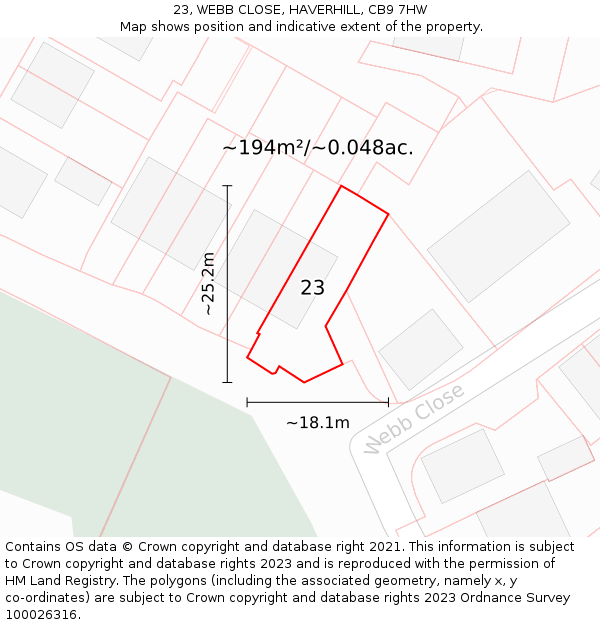23, WEBB CLOSE, HAVERHILL, CB9 7HW: Plot and title map