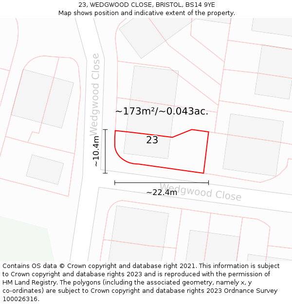 23, WEDGWOOD CLOSE, BRISTOL, BS14 9YE: Plot and title map