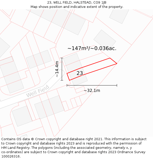 23, WELL FIELD, HALSTEAD, CO9 1JB: Plot and title map