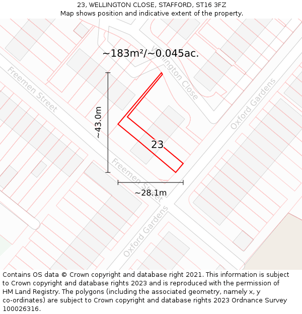 23, WELLINGTON CLOSE, STAFFORD, ST16 3FZ: Plot and title map